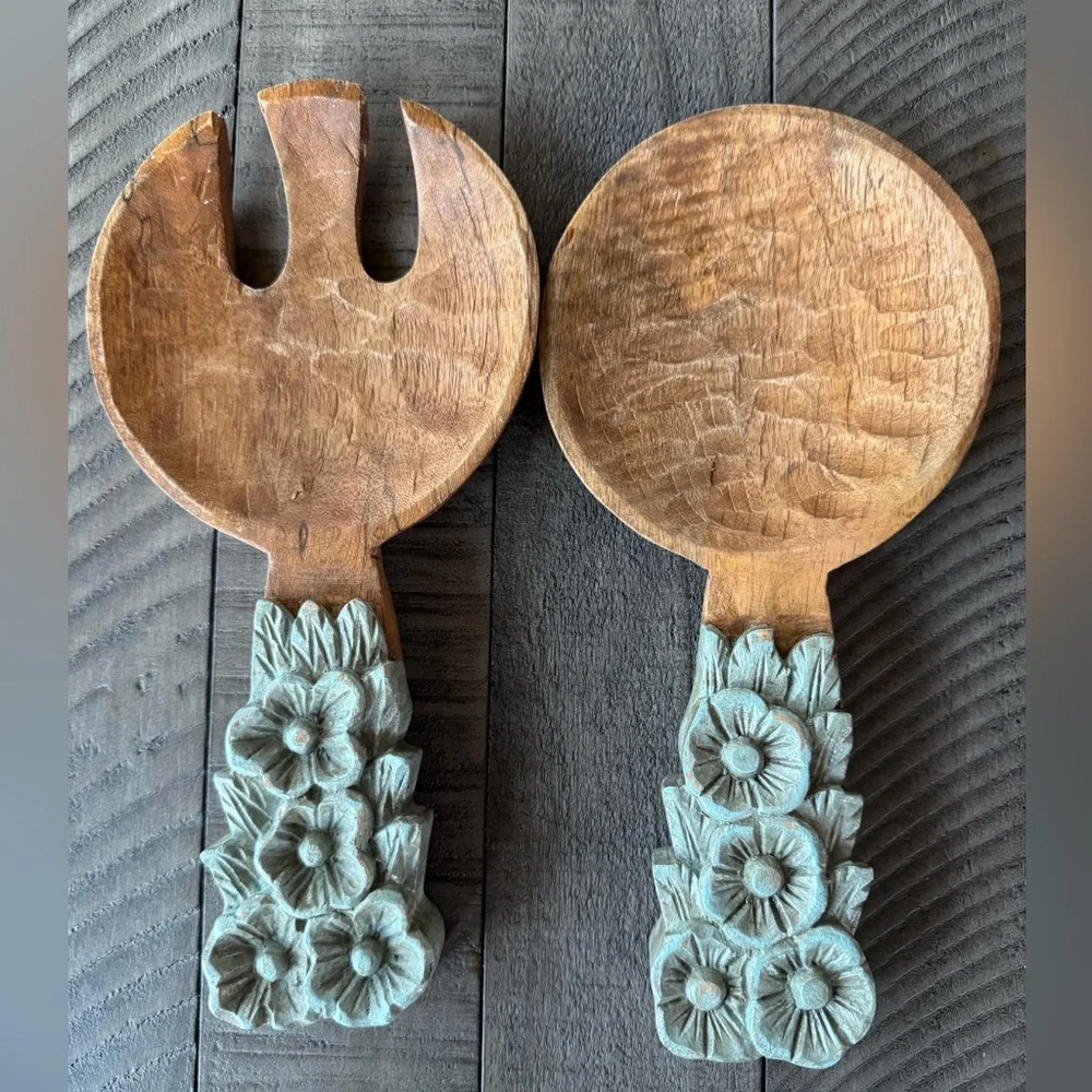 Valley of Flowers Handcrafted Wooden Fork & Spoon Salad Servers